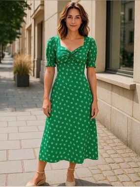 J.CREW Green Floral Midi Dress with Puff Sleeves & Bandana Flowers, Size 10